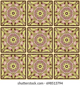 Colorful floral seamless pattern from squares with mandala in patchwork boho chic style, in portuguese and moroccan motif
