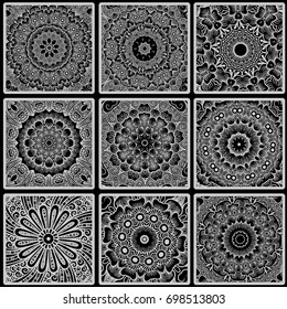 Colorful floral seamless pattern from squares with mandala in patchwork boho chic style, in portuguese and moroccan motif