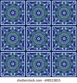 Colorful floral seamless pattern from squares with mandala in patchwork boho chic style, in portuguese and moroccan motif