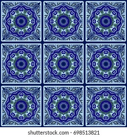 Colorful floral seamless pattern from squares with mandala in patchwork boho chic style, in portuguese and moroccan motif