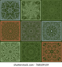 Colorful floral seamless pattern from squares with mandala in patchwork boho chic style, in portuguese and moroccan motif