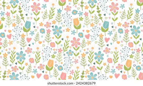 Colorful Floral seamless Pattern With a Variety of Flowers and Leaves on a White Background
