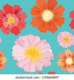 Color floral sin fisuras. Ilustración vectorial. Poppies y flores Ranunculus.