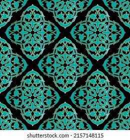 Colorful floral seamless pattern. Vector ornamental arabesque background. Repeat Damask flowers backdrop. Beautiful arabic floral ornament. Ornate endless texture. Ethnic oriental style design.