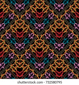 Colorful floral seamless pattern. Vector tribe background. Modern wallpaper. Design with hand drawn swirl colorful flowers, leaves, geometric shapes, rhombus, stripes, frames and ethnic ornaments.