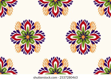 Colorful floral seamless pattern,Ikat floral seamless pattern on white background,vector illustration,flower pattern,Aztec style,hand drawn.design for texture,fabric,clothing,decoration,tile,print.