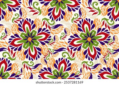 Colorful floral seamless pattern,Ikat floral seamless pattern on white background,vector illustration,flower pattern,Aztec style,hand drawn.design for texture,fabric,clothing,decoration,tile,print.