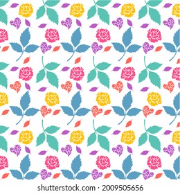 Colorful floral seamless pattern,stylized roses in red,yellow, and purple, surrounded by teal and coral leaves, arranged in a bright,symmetrical layout on a white background.