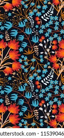 Colorful floral seamless unusual pattern on dark background in bright colors. Foliage, tree branches, red, blue, yellow and orange flowers. Hand vector illustration.