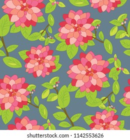 Colorful Floral seamless vector pattern -blue background. Hand drawn vector illustration