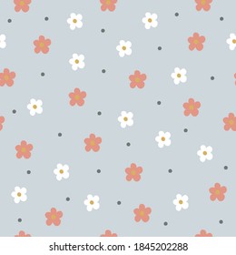 Colorful floral seamless vector pattern with dotted background. Cute childish pastel seamless vector pattern with flower