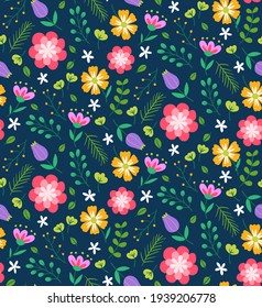 Patrón vectorial sin costura floral colorido para el diseño y las impresiones superficiales. Patrón floral con flores, hojas y ramas sobre un fondo azul oscuro. Estilo marrón.