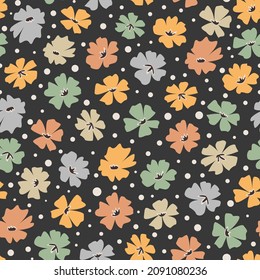 Colorful floral seamless vector pattern on dark background. Simple flower bright colors.