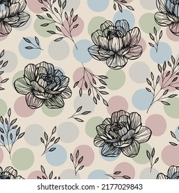 Colorful floral seamless vector pattern with dot background.