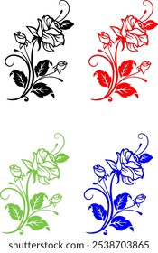 Siluetas florales coloridas: patrones rojos, verdes y azules, Imagen PNG. Elegante diseño floral en rojo, verde y azul. Triple Rose Floral Motif - Rojo vibrante, verde y azul. Arte floral estilizado.