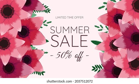 Colorful Floral Summer Sale background, exotic flower design template for banner, flyer, invitation, poster, web site, card, social media, apps, design ads, marketing, promotion. Vector Illustration
