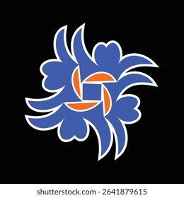 Colorful floral swirl emblem with bold blue and orange shapes on black background
