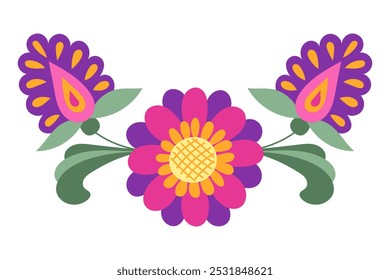 Ilustração de simetria floral colorida em estilo tradicional mexicano com rosa central e flor roxa. Obra de arte plana botânica em estilo tradicional latino-americano isolada sobre fundo branco