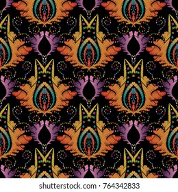 Colorful floral tapestry seamless pattern. Embroidery damask bright background. Grunge hatching flowers, scrolls, dots, leaves, line art tracery baroque ornaments. Embroidered  design for wallpapers