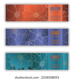 Colorful floral template set with elegant linear design dahlia flowers. Silky glowing EPS 10 vector backgrounds for banners with botanical decor. Clipping masks.