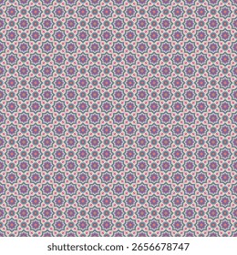 Patrón de azulejo floral colorido con adornos geométricos en forma de estrella. Diseño sin fisuras con tonos rosados, azules y blancos inspirados en estilos mediterráneos y populares.