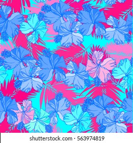 Colorful floral Tropical seamless pattern with colorful hibiscus pattern and coconut leaves. Beautiful flowers pattern vector illustration realistic hand drawn.