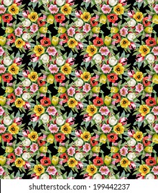 Colorful floral tulips seamless pattern on black background vector 