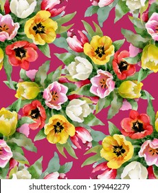 Colorful floral tulips seamless pattern on red background vector 