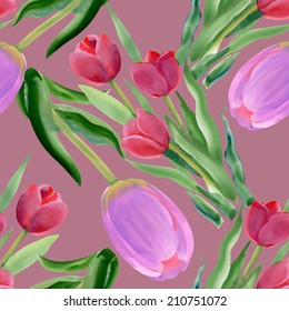 Colorful floral tulips seamless pattern on pink background vector illustration