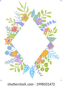 colorful floral twigs branches flowers frame arrangement, isolated vector illustration
