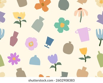 Colorful floral and vase seamless pattern in pastel colors, background, wrapping paper, fabric pattern, wallpaper vector illustration