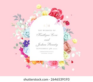 Quadro de design de vetor floral colorido. Rosas azuis e beges, clematis roxo, peônia vermelha magenta, tulipas, flores tropicais, vegetação e plantas cartão. Todas as flores e ramos são isolados e móveis