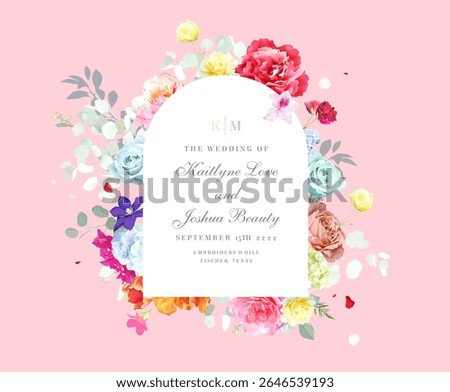 Colorful floral vector design frame. Blue and beige roses, purple clematis, magenta red peony, tulips, tropical flowers, greenery and plants card. All flowers and branches are isolated and movable