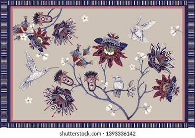 Colorful floral vector design for rug, carpet, tapis, towel, mural, textile. Hand drawn nature backdrop with stylized flowers and birds. Floral  ornament with decorative elements. Ethnic design