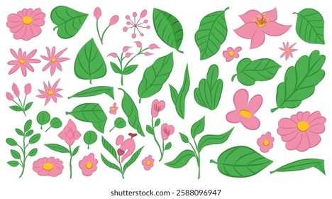 Colorful floral vector elements, a vibrant collection of floral and leaf vector graphics, perfect for crafting and digital design.