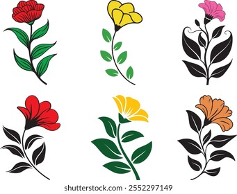 Ilustração de vetor floral colorida com diversos desenhos e padrões de flores