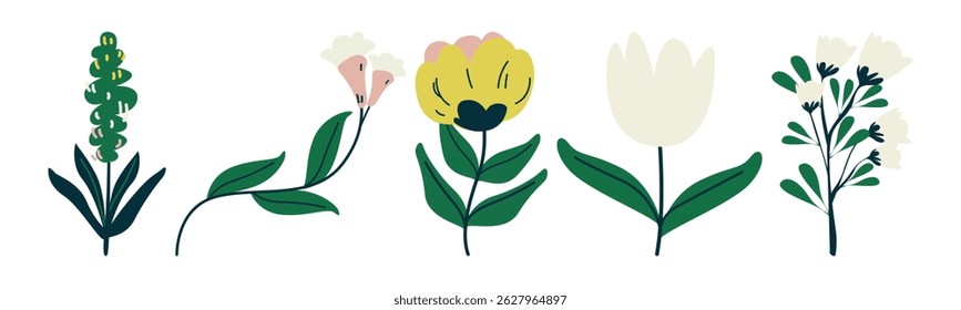 Colorful floral vector illustration. Perfect for springtime designs, patterns, backgrounds, or decorative elements. The flat and simple style adds a modern touch.