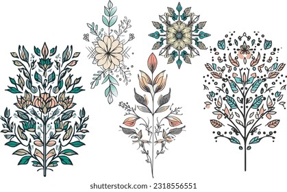 colorful Floral vector minimal botanical graphic sketch drawing, trendy tiny tattoo design, floral elements vector illustration