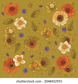 Colorful floral vector ornament. Composition of flowers on olive background. Floral poster, banner or postcard. Summer bouquet. Poppies, gerberas, daffodils, wildflowers and leaves