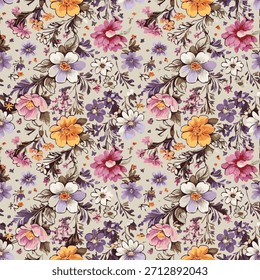 Colorful floral vector pattern on beige background, detailed botanical textile design