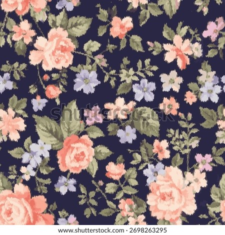 Colorful floral vector pattern on dark fabric background surface