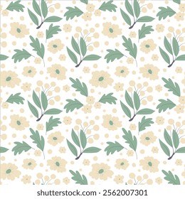 Colorful floral vector pattern with pink flowers and green leaves