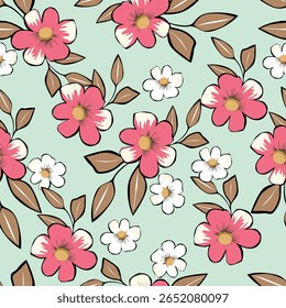 Colorful floral vector pattern with pink flowers and green leaves on a white background
