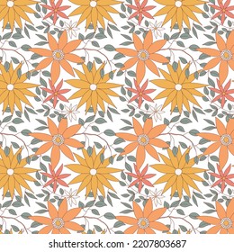 Colorful floral vector pattern. Retro 70s nostalgic fashion textile background. Flower daisies. Vector illustration in hand drawn style. Flower design for paper, cover, fabric, interior decor.