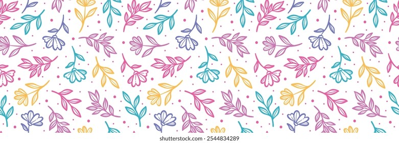 Padrão de vetor floral colorido, impressão de borda de flor repetitiva sem costura, projeto de fundo de mola horizontal largo