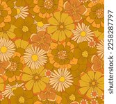 Colorful Floral Vector Seamless Pattern. Retro 70s Style Nostalgic Fashion Textile Bold Background. Summer Resort Print. Daisies. Flower Power