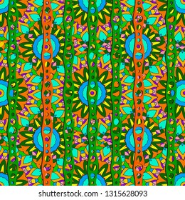 Colorful floral vector seamless pattern. Ethnic style green patterned background.  Decorative multicolor repeat backdrop.  Design for fabric, textile. Geometric shapes, flowers, borders,, mandalas
