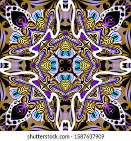 Colorful floral vector seamless pattern. Abstract ethnic style  ornamental background. Decorative gipsy backdrop. Hand drawn doodle flowers, leaves, shapes, stripes, lines, curves. Ornate design.