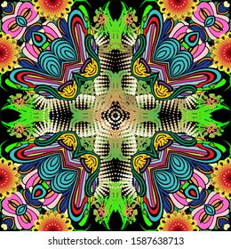 Colorful floral vector seamless pattern. Abstract ethnic style bright ornamental background. Decorative gipsy backdrop. Multicolor flowers, leaves, shapes, stripes, lines, curves, dots. Ornate design.