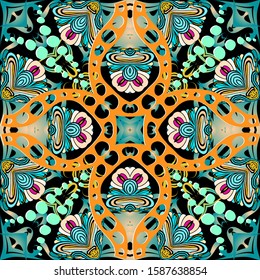 Colorful floral vector seamless pattern. Abstract ethnic style  ornamental background. Decorative gipsy backdrop. Hand drawn doodle flowers, leaves, shapes, stripes, holes, lines, curves, circles.